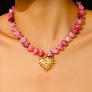 NWT Pink Heart Bead Necklace with Gold Pendant